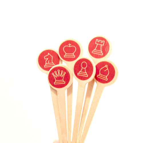 Red chess picks: king, queen, bishop, knight, rook and pawn
